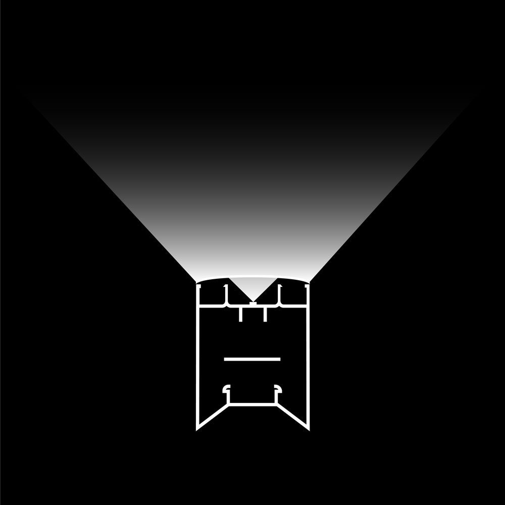 Innovative micro-convex lens technology of the Batwing lens – perfect light diffusion for indirect LED lighting on the ceiling. (graphic representation)