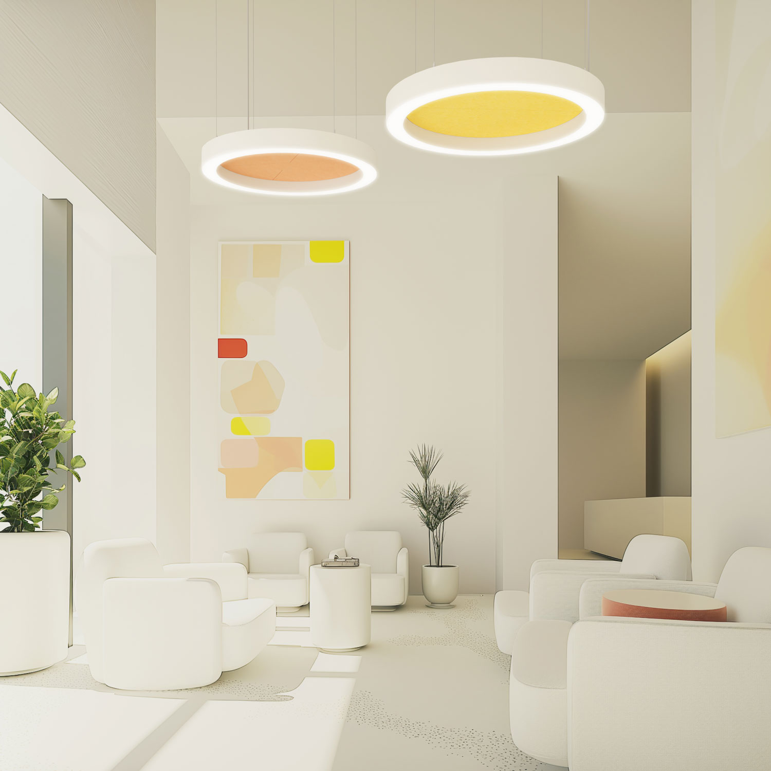 Two white round pendant luminaires with coloured acoustic material insert, one in yellow and one in orange, for optimal room acoustics.