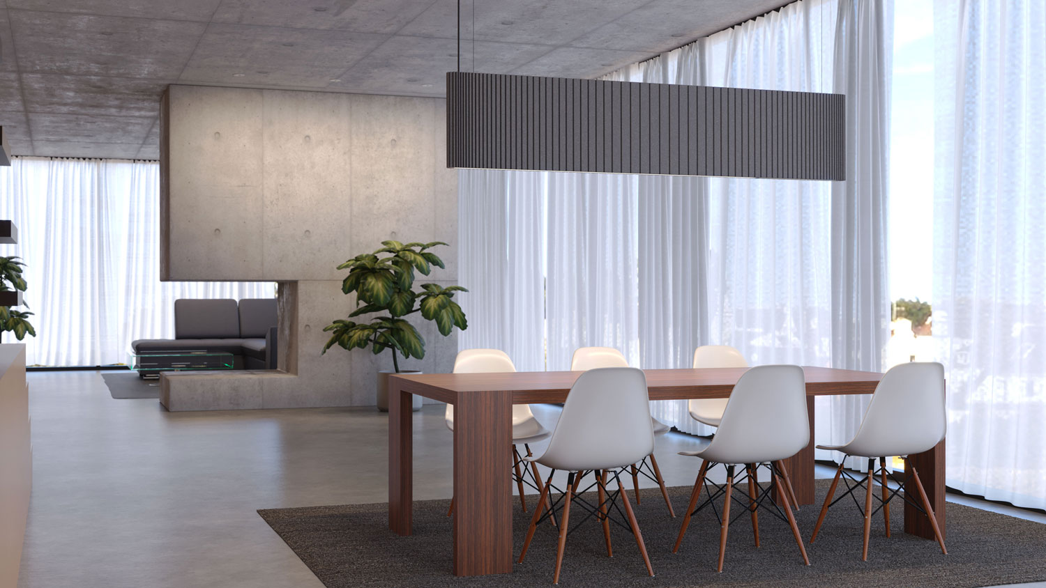 Acoustic pendant light for stylish and noise-reduced living spaces. Grey oval luminaire above the dining table.