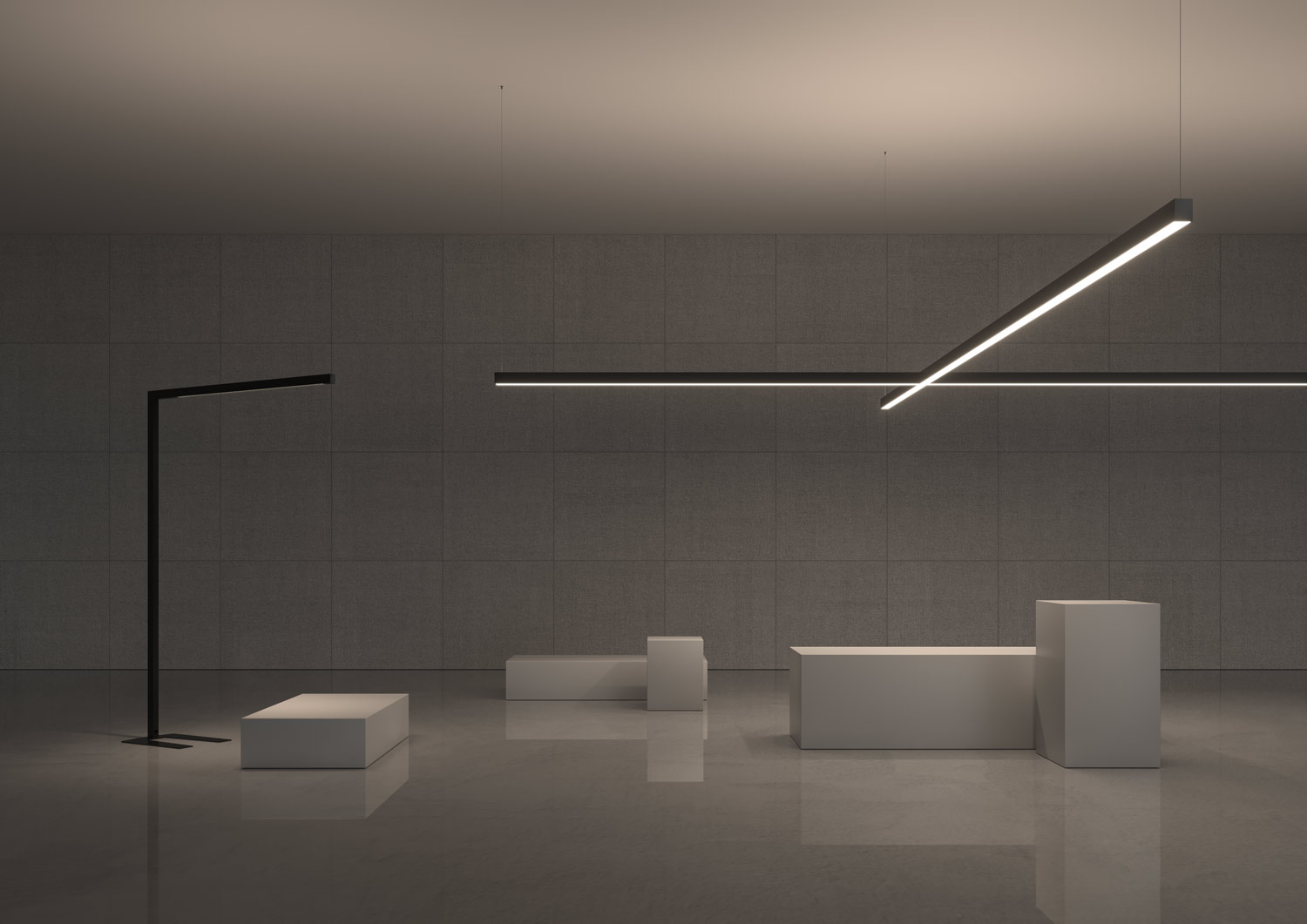 SLIDER product family with Batwing lens – floor lamp and profile system with efficient indirect LED lighting. (Product rendering)