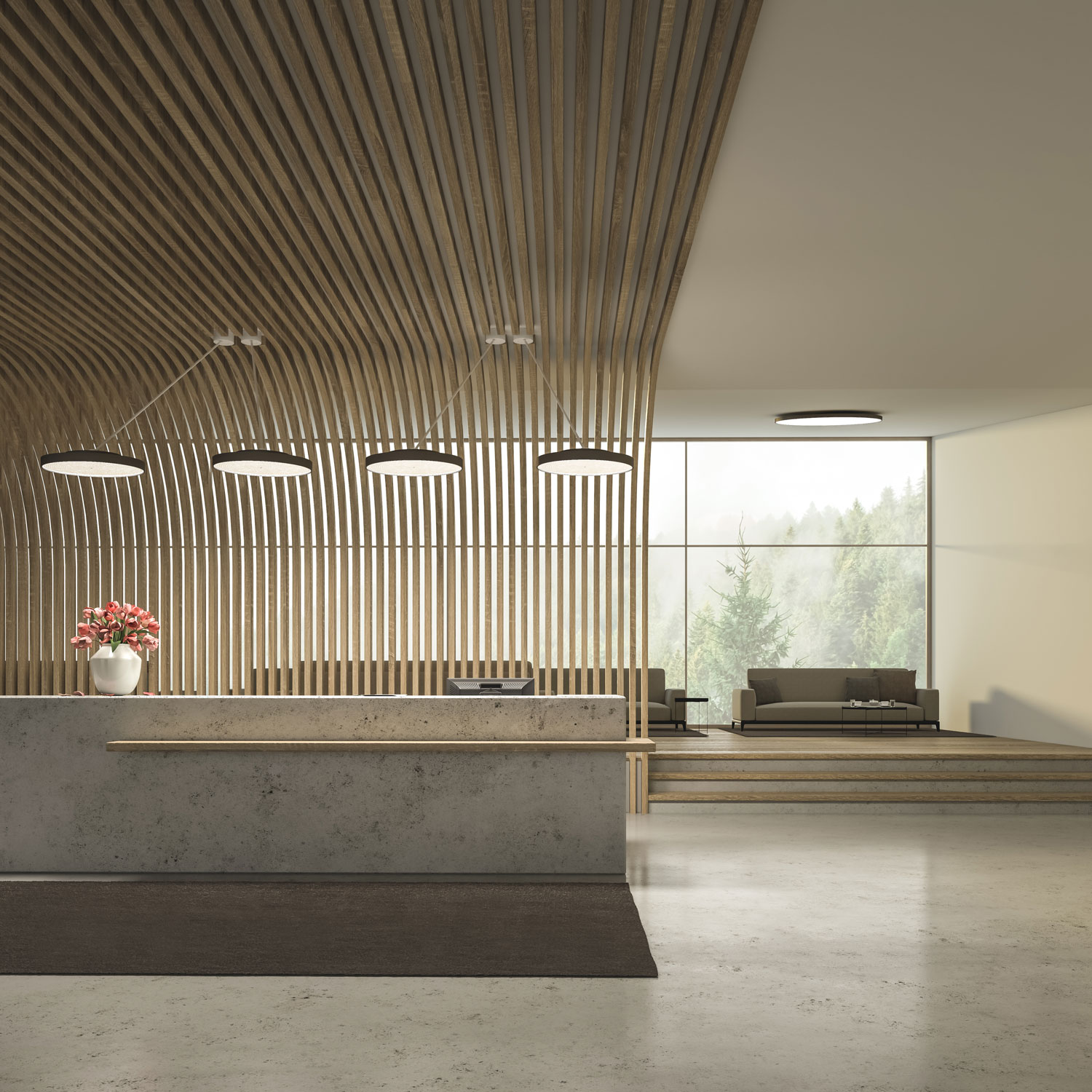 A round SIGN DIVA pendant luminaire provides stylish and harmonious lighting in the reception area of a doctor's office.