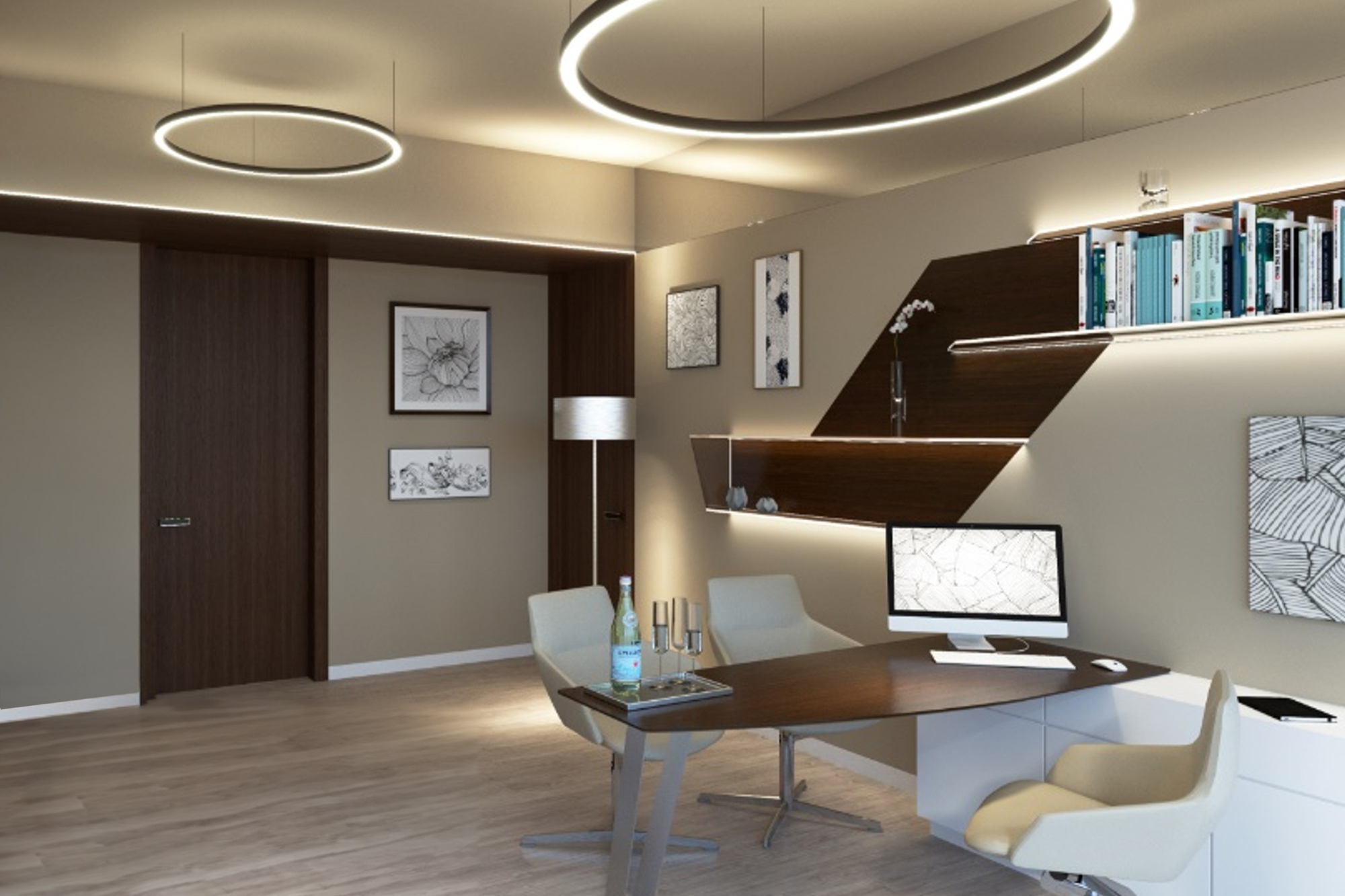 A large, black GLORIOUS ring light as a pendant luminaire above a meeting table provides elegant and even lighting in a GP's consulting room.