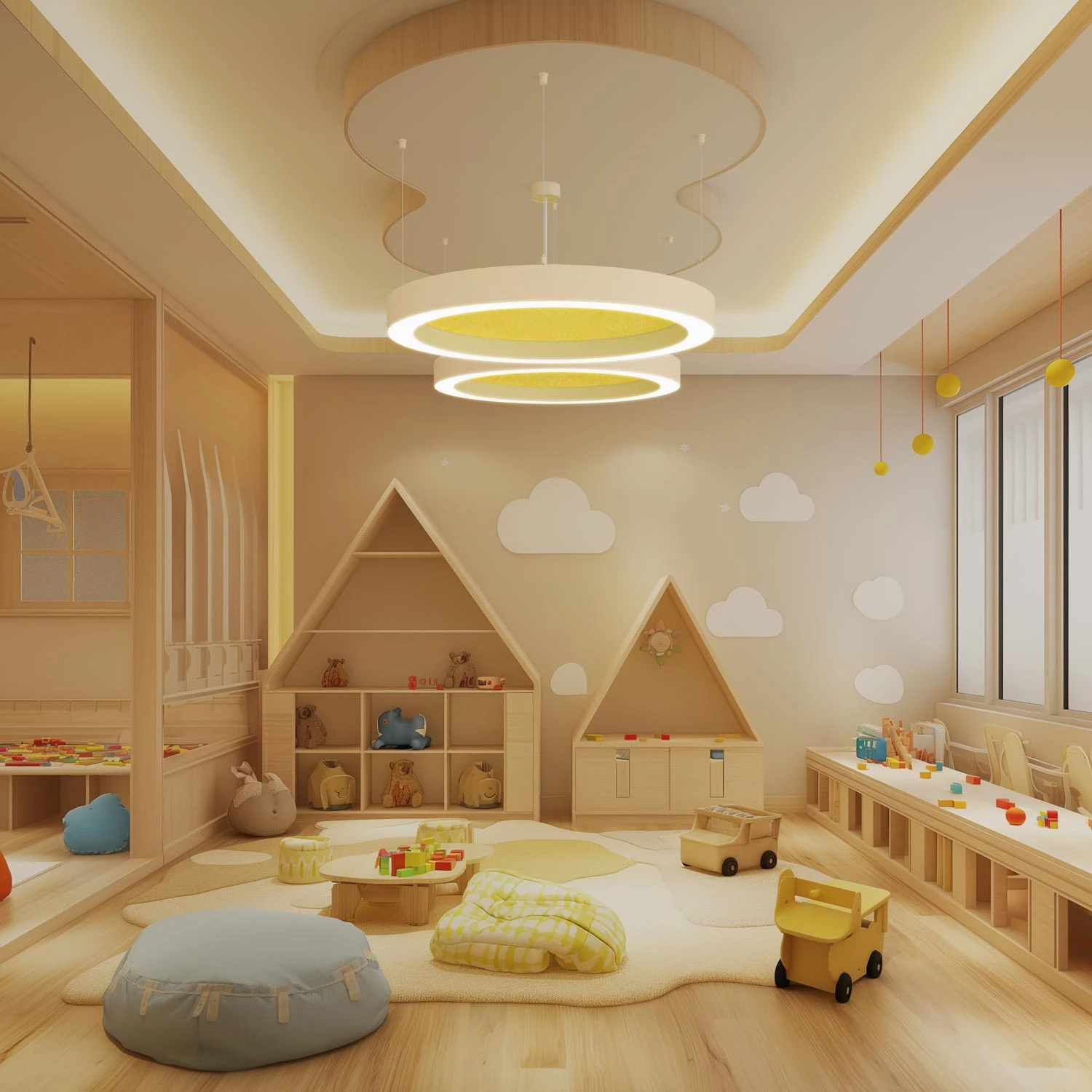 Yellow Glorious acoustic luminaire with sound-absorbing function in the kindergarten playroom