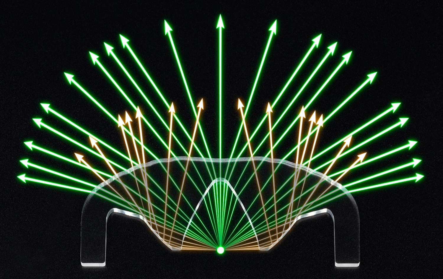 Graphic representation of the targeted light refraction with the Batwing lens for indirect lighting on the ceiling – ideal for rooms with low ceilings thanks to special geometry for directing light outwards and inwards.