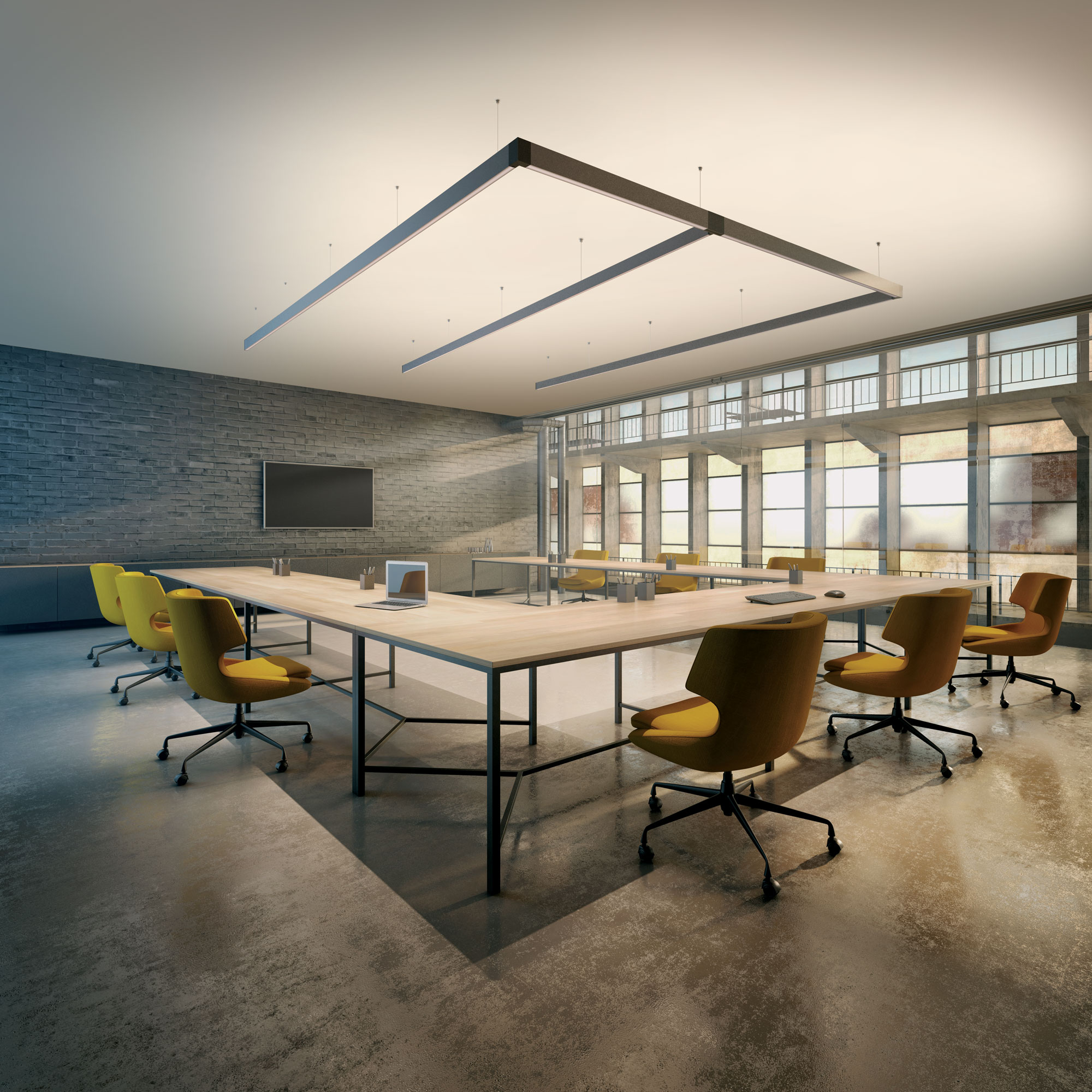 Batwing lens for uniform indirect lighting on the ceiling – ideal light distribution in offices and meeting rooms. (rendering)